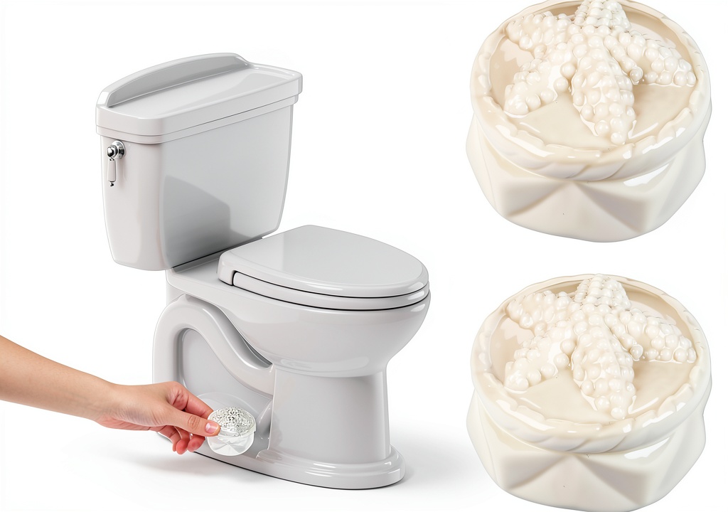 'ETARTJMHNB ceramic toilet bolt covers in starfish design on a bathroom floor'