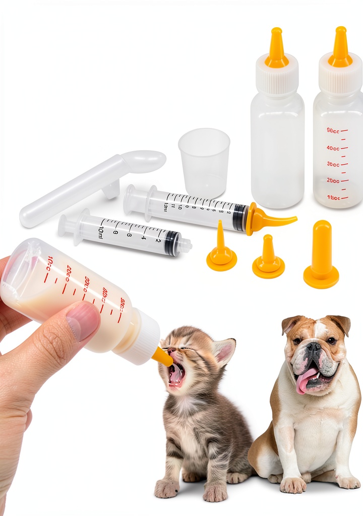 Installing YeulYuuri Pet Nursing Kit Bottles Syringes Pacifiers Feeding on a wooden desk