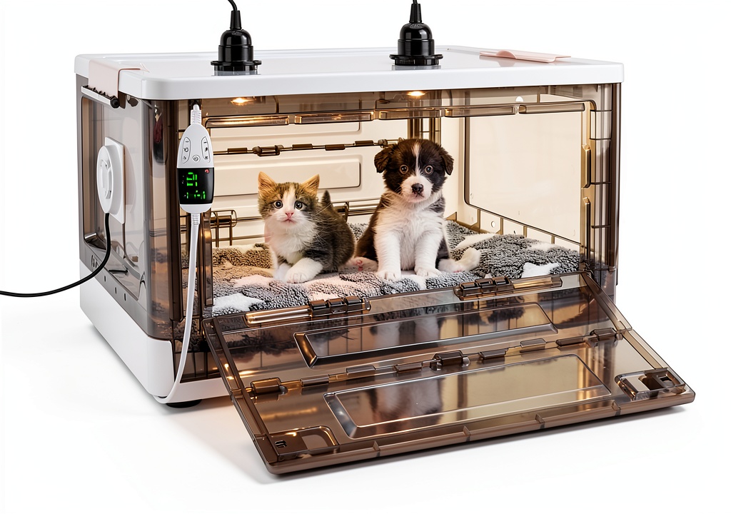 Puppy incubator placed on a wooden table in a veterinary clinic